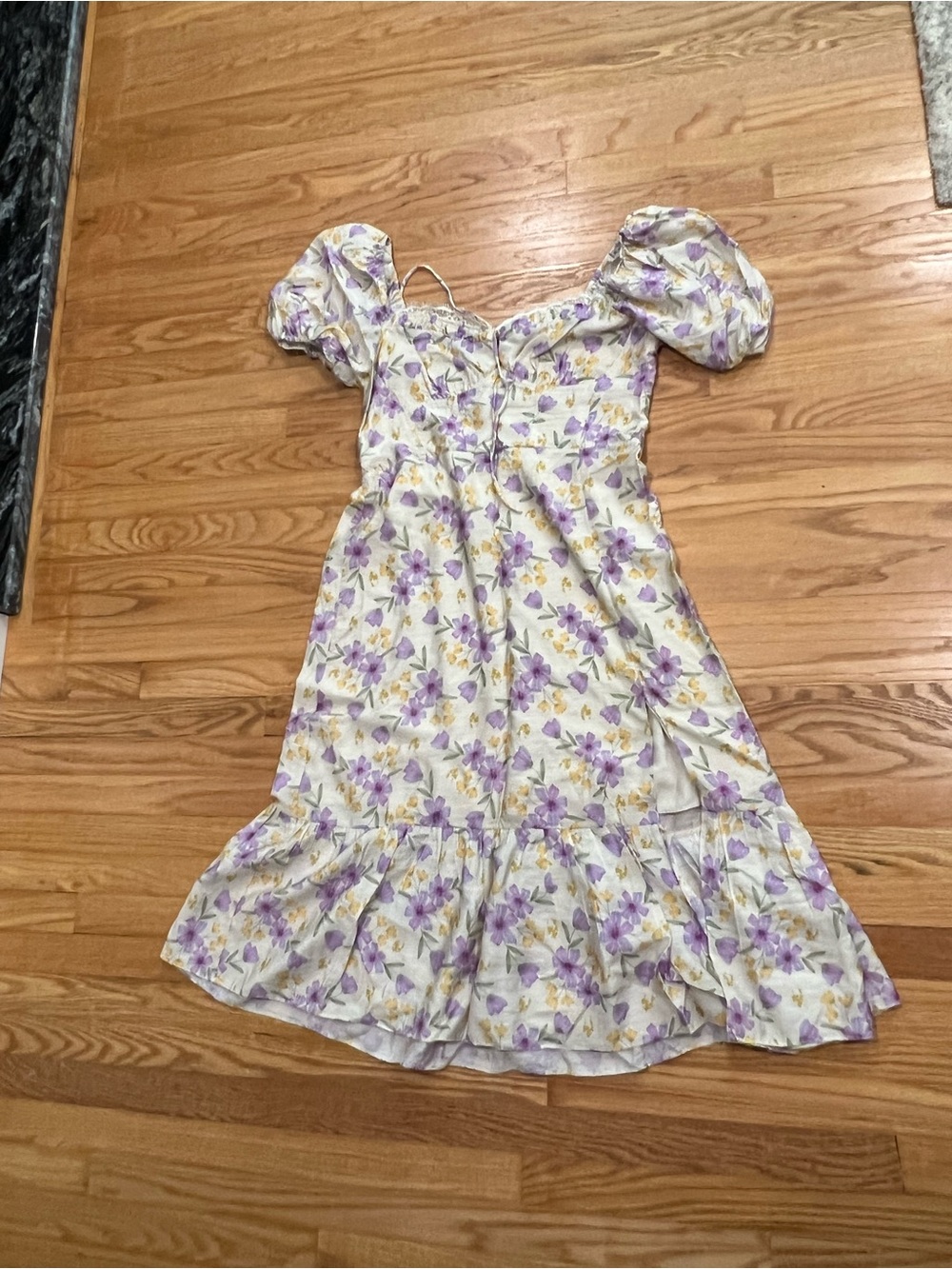 Floral Puff-Sleeve Dress in Lavender and Yellow